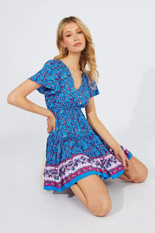 Massive Savings Blue Boho Fit And Flare Dress V-neck Mini