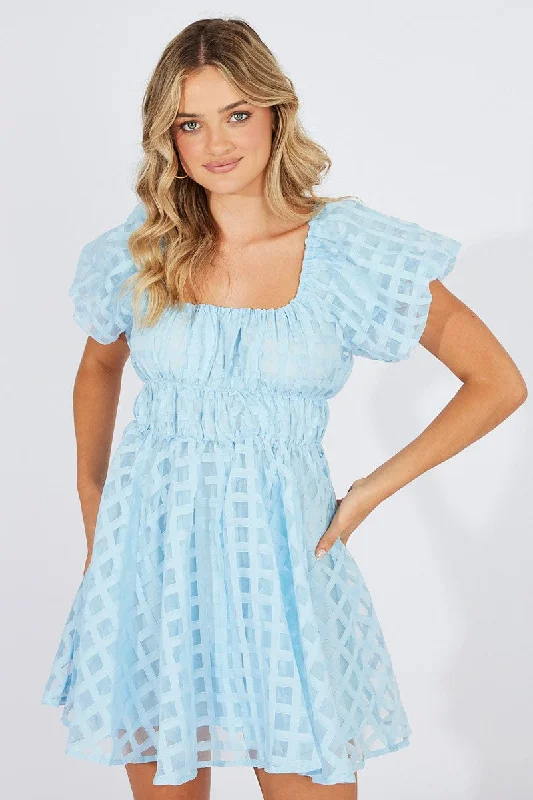 Effortless Style Blue Fit And Flare Dress Puff Sleeve Mini