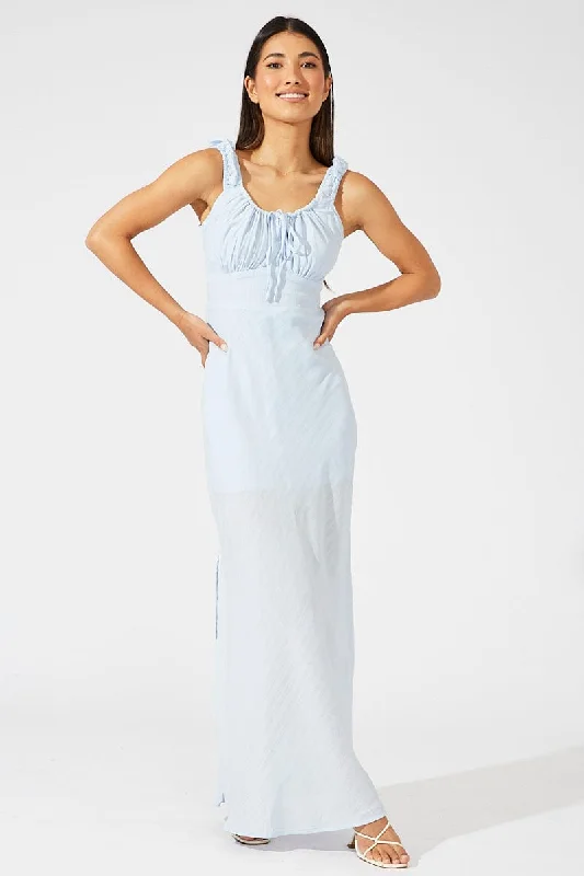 Casual Elegance Blue Maxi Dress Short Sleeve Ruched Bust