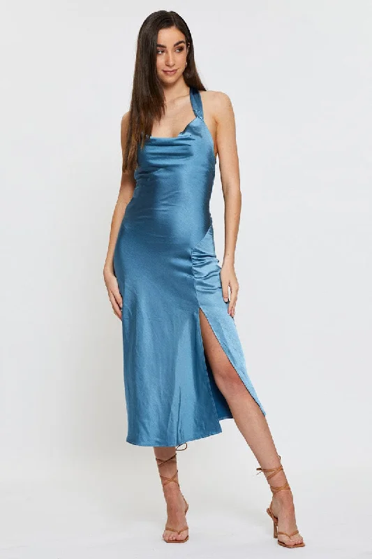 Trend Forward Threads For Her Blue Slip Dress Midi Satin