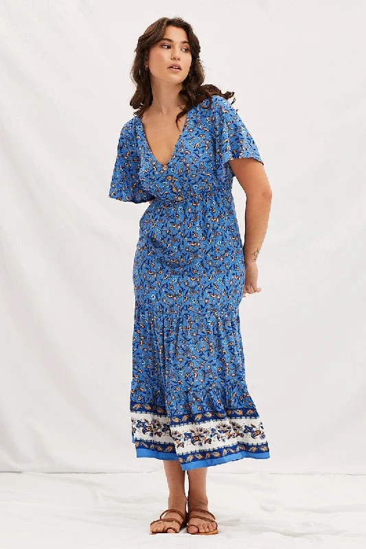 Trendy Attire For Her Boho Print V-Neck Short Sleeve Midi Dress