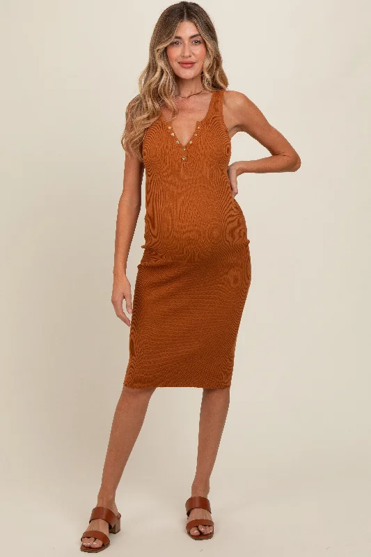 New Styles Just In Camel Sleeveless Knit Henley Maternity Midi Dress