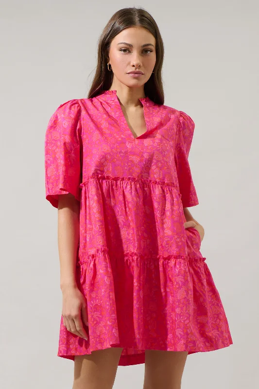 Classic Women's Fashion Cerise Floral Dixie Split Neck Shift Dress