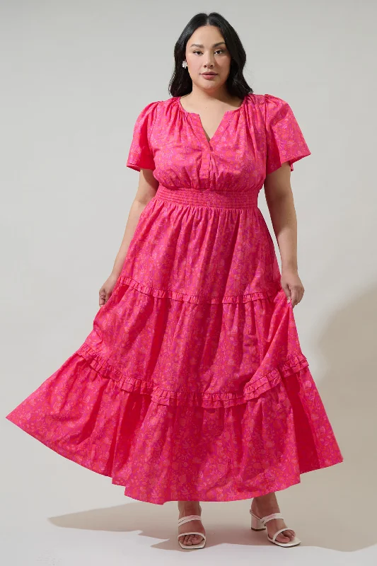 Trendy Fashion for Women Cerise Floral Palmer Poplin Tiered Maxi Dress Curve