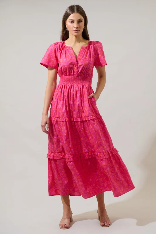 Casual Chic Clothing Cerise Floral Palmer Poplin Tiered Maxi Dress