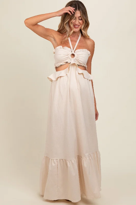 New In This Season Cream Ruffle Top Cutout Linen Halter Maternity Maxi Dress