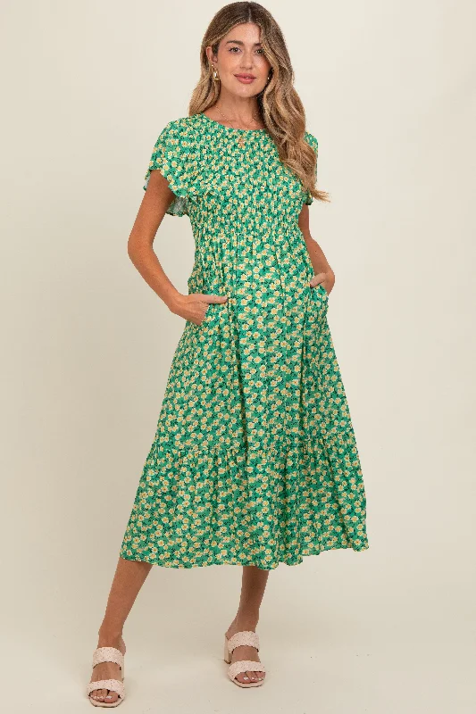 Parisian Effortless Chic Style Green Floral Smocked Maternity Midi Dress