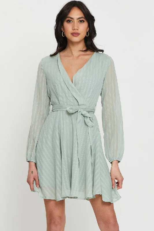 Feminine Grace Green Mini Dress Long Sleeve