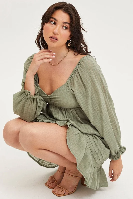 Don't Miss Out Green Smock Dress Long Sleeve Mini