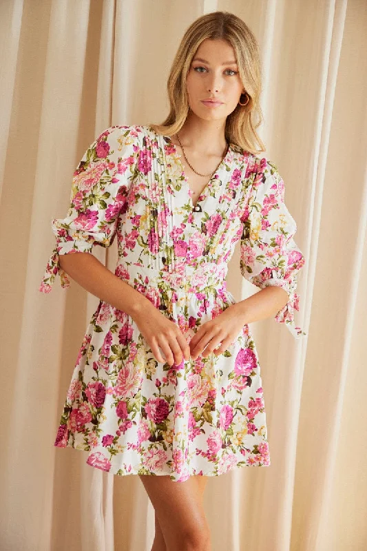 Must-Have Styles Multi Floral Button Dress Puff Sleeve Rose Floral