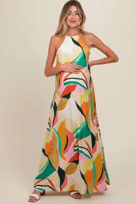 Chic Wardrobe Essentials Multicolor Abstract Print Halter Maternity Maxi Dress