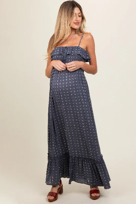 Flash Sale Navy Smocked Sleeveless Floral Maternity Maxi Dress