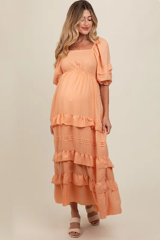 Stylish Looks Peach Ruffle Tiered Maternity Maxi Dress