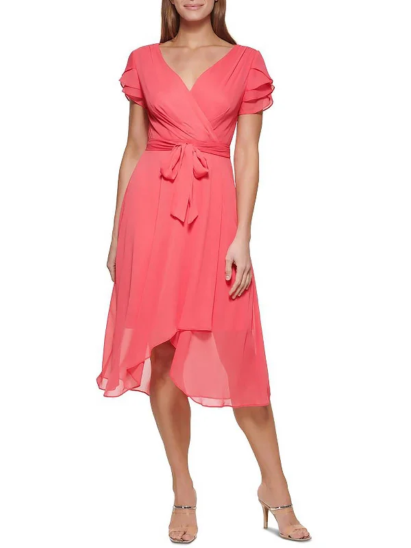 Graceful Drape Petites Womens Ruffled Sheer Wrap Dress