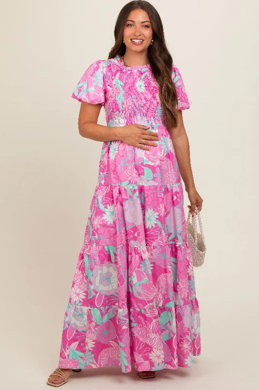 Chic Allure Pink Floral Smocked Short Puff Sleeve Tiered Maternity Maxi Dress