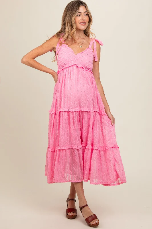 Elegant Clothing Pink Textured Tie Strap Tiered Maternity Midi Dress