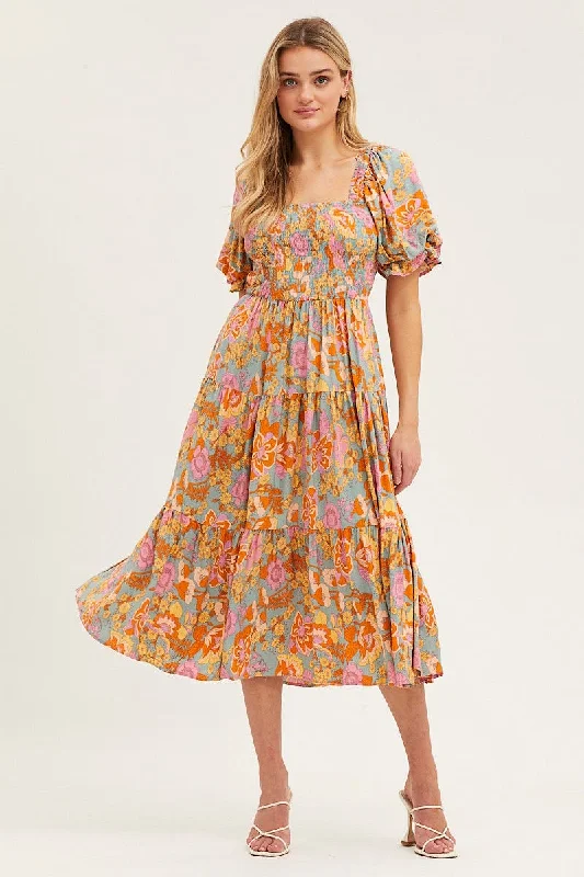 Stay Ahead In Style Print Dress Puff Sleeve Maxi