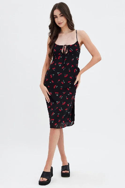 Elegant Simplicity Wardrobe Red Floral Midi Dress Grunge Floral Print