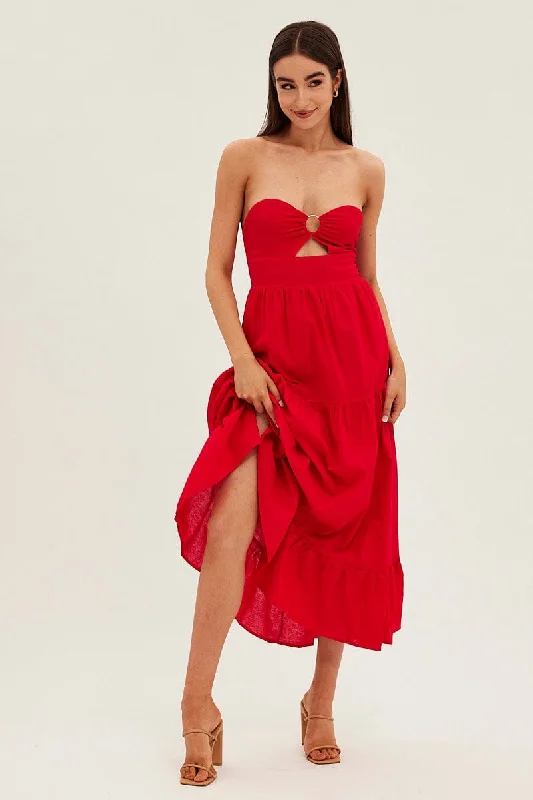 Fashion-Forward Red Maxi Dress Sleeveless Bandeau Ring Detail