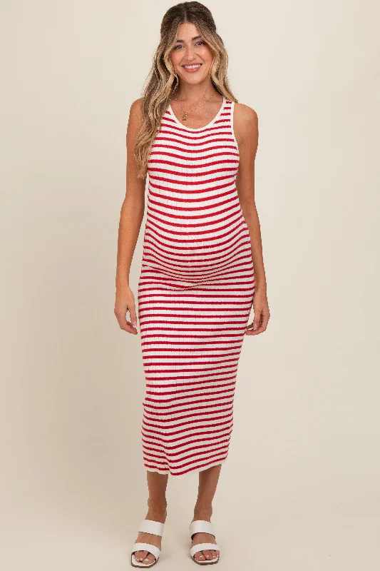 Score Big On Glamorous Red - Carpet Styles Red Sleeveless Round Neck Striped Rib Sweater Maternity Midi Dress