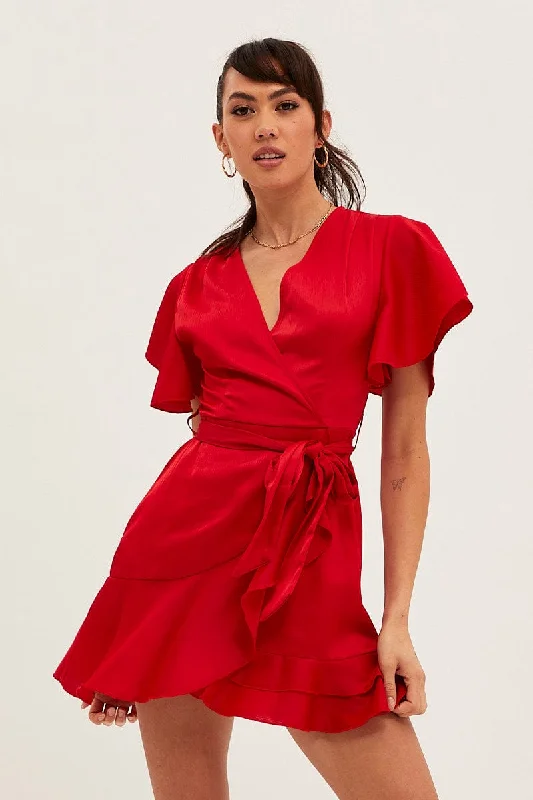 Exclusive Discounts Red Wrap Dress Evening Satin