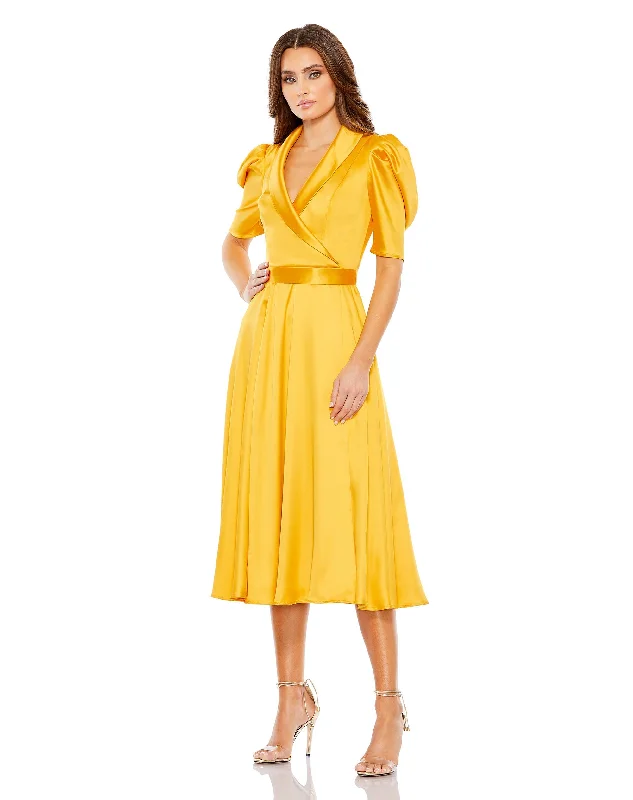 Style Beyond Borders Satin Lapel Puff Sleeve Tea Length Dress