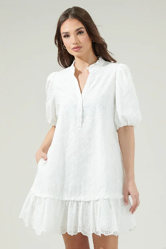 Feminine Elegance Sky Eyelet Sasha Split Neck Shift Mini Dress