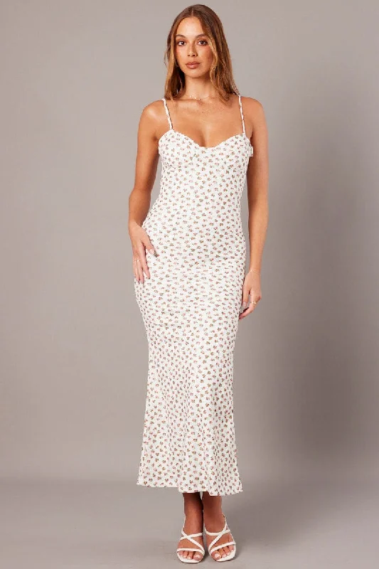 Minimalist Office - Ready Style White Ditsy Maxi Dress Sweetheart Neck Bodycon Textured