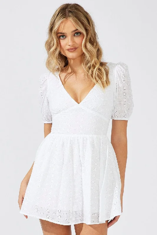 Vintage Inspired Fashion Sale White Fit And Flare Dress Puff Sleeve Mini