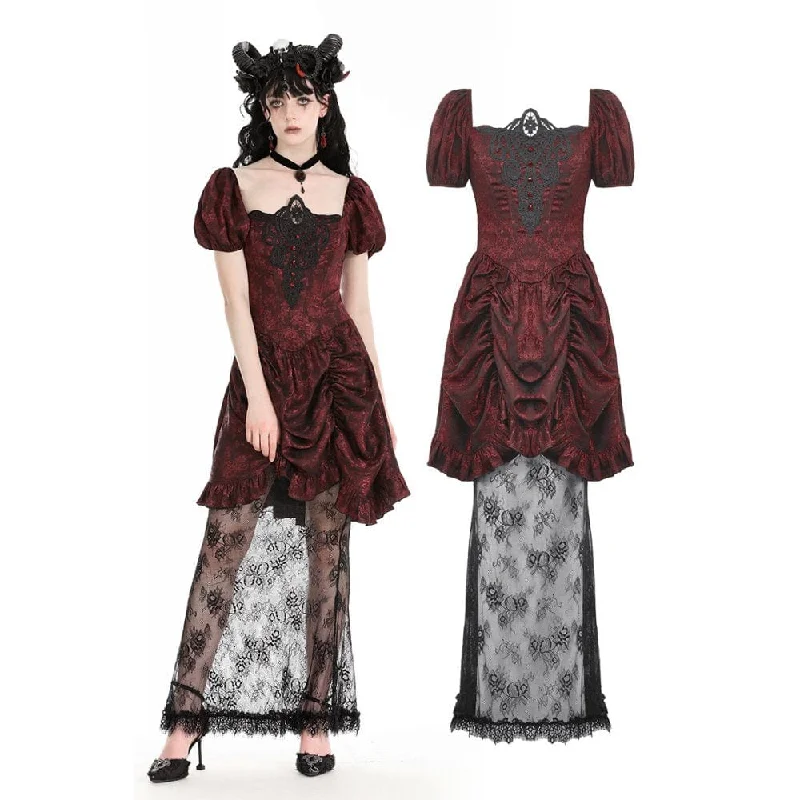 Shop Our Looks Women's Gothic Puff Sleeved Lace Splice Red Prom Dress