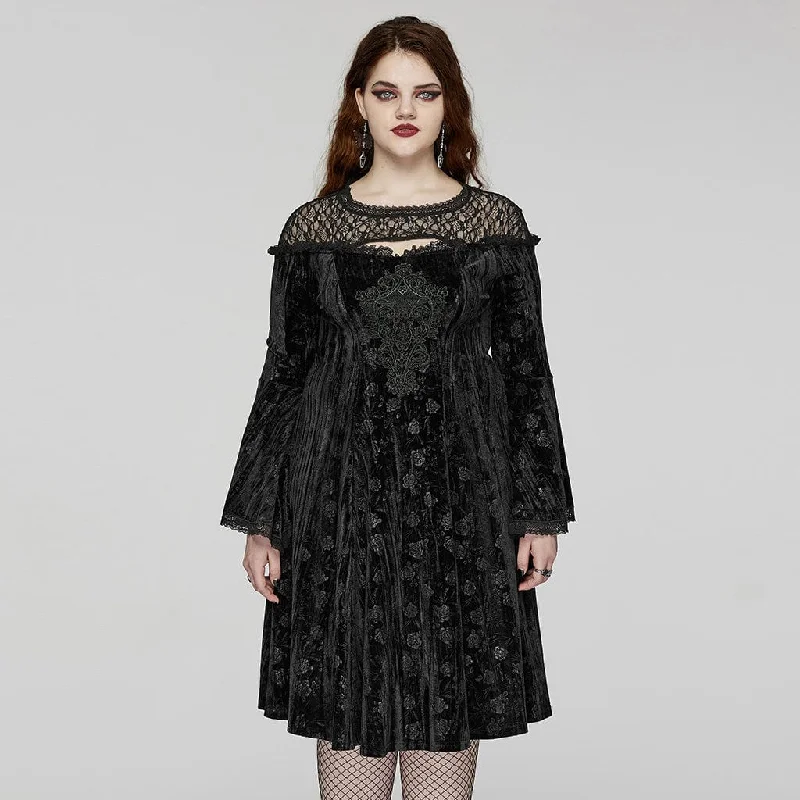 Early Access To Art Deco Styles Sale Women's Plus Size Gothic Flared Sleeved Embossed Velvet Formal Dress