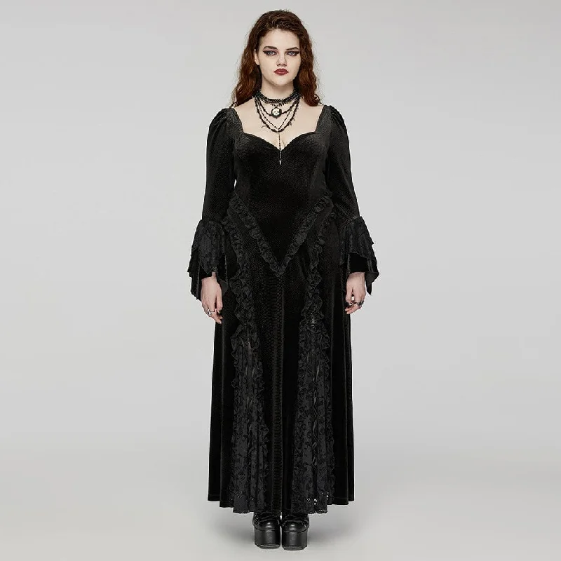 Trendy Street Style Women's Plus Size Gothic Flared Sleeved Embossed Velvet Prom Dress Wedding Dress