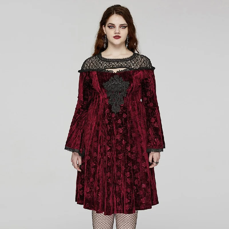 Limited Stock Women's Plus Size Gothic Flared Sleeved Embossed Velvet Red Formal Dress