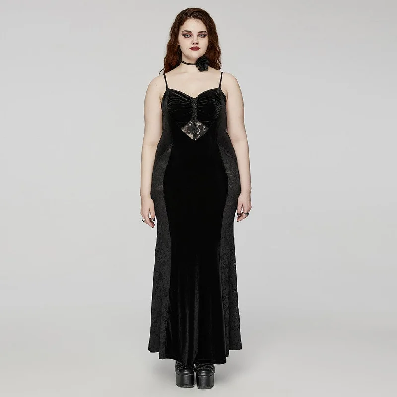 Mother's Day Special Women's Plus Size Gothic Lace Splice Velvet Fishtail Evening Slip Dress