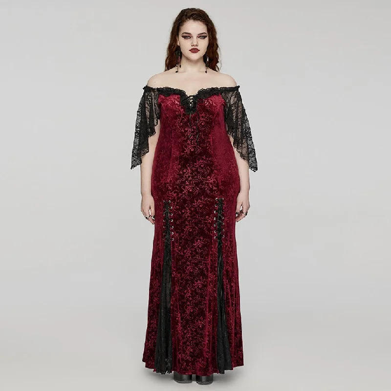 Elegant Ensemble Women's Plus Size Gothic Off-the-shoulder Lace-up Red Velvet Gown Dress Wedding Dress