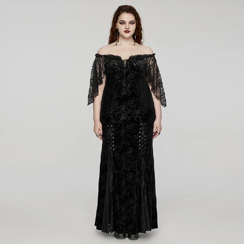 Floral Style Women's Plus Size Gothic Off-the-shoulder Lace-up Velvet Gown Dress Wedding Dress