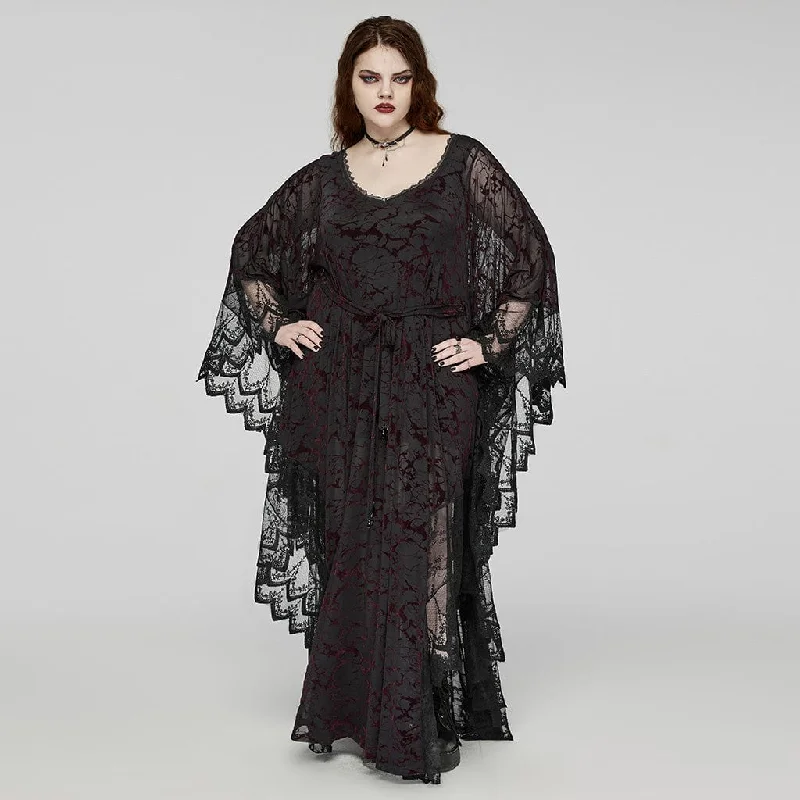 Spring Wardrobe Women's Plus Size Gothic Plunging Bat Sleeved Black Red Witch Dress