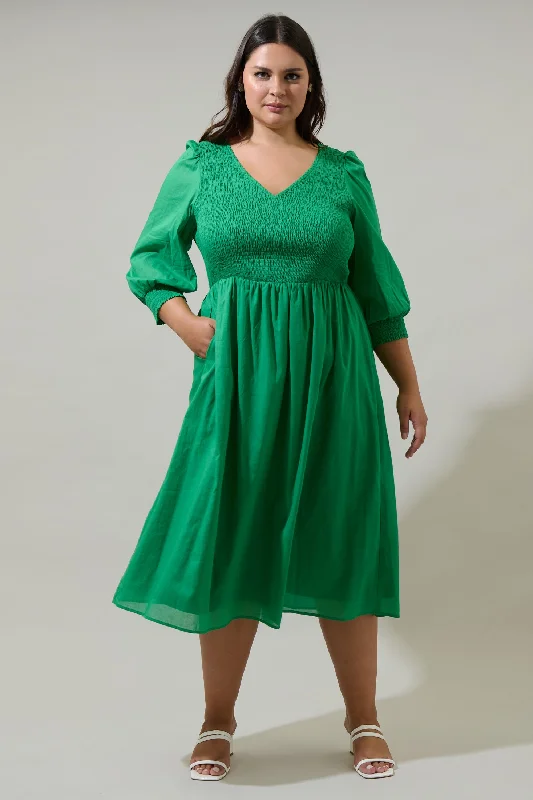 Feminine Flow Zelda Smocked Long Sleeve Cotton Voile Midi Dress Curve